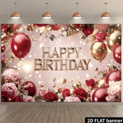 Phông nền sinh nhật 2D phẳng, tông màu hồng và vàng, chữ HAPPY BIRTHDAY 3D bằng giấy bạc vàng, cụm hoa hồng và cẩm tú cầu trắng, bóng bay hồng và vàng, quả cầu kim sa vàng, đèn vàng, mảnh giấy vàng, phông nền điểm sáng, trang trí tường, trang trí tiệc sinh nhật, quà tặng lễ hội, chất liệu sợi polyester, không cần nguồn điện, thích hợp cho các hoạt động kỷ niệm trong nhà.