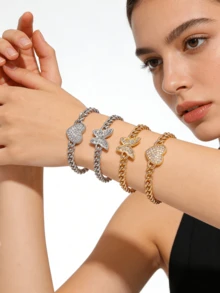 1pc Multi-Color 18K Gold Stainless Steel Butterfly & Heart Cubic Zirconia Rhinestone Chain Bracelet, Titanium Steel Jewelry Suitable For Couples, Friends, Daily Wear - Multicolor - View 4