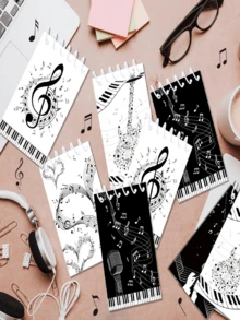 8本音乐主题迷你笔记本 - 螺旋装订，包含音符、吉他、钢琴和萨克斯图案，适合生日派对用品和创意写作，生日笔记本 | 艺术封面 | 迷你日记本