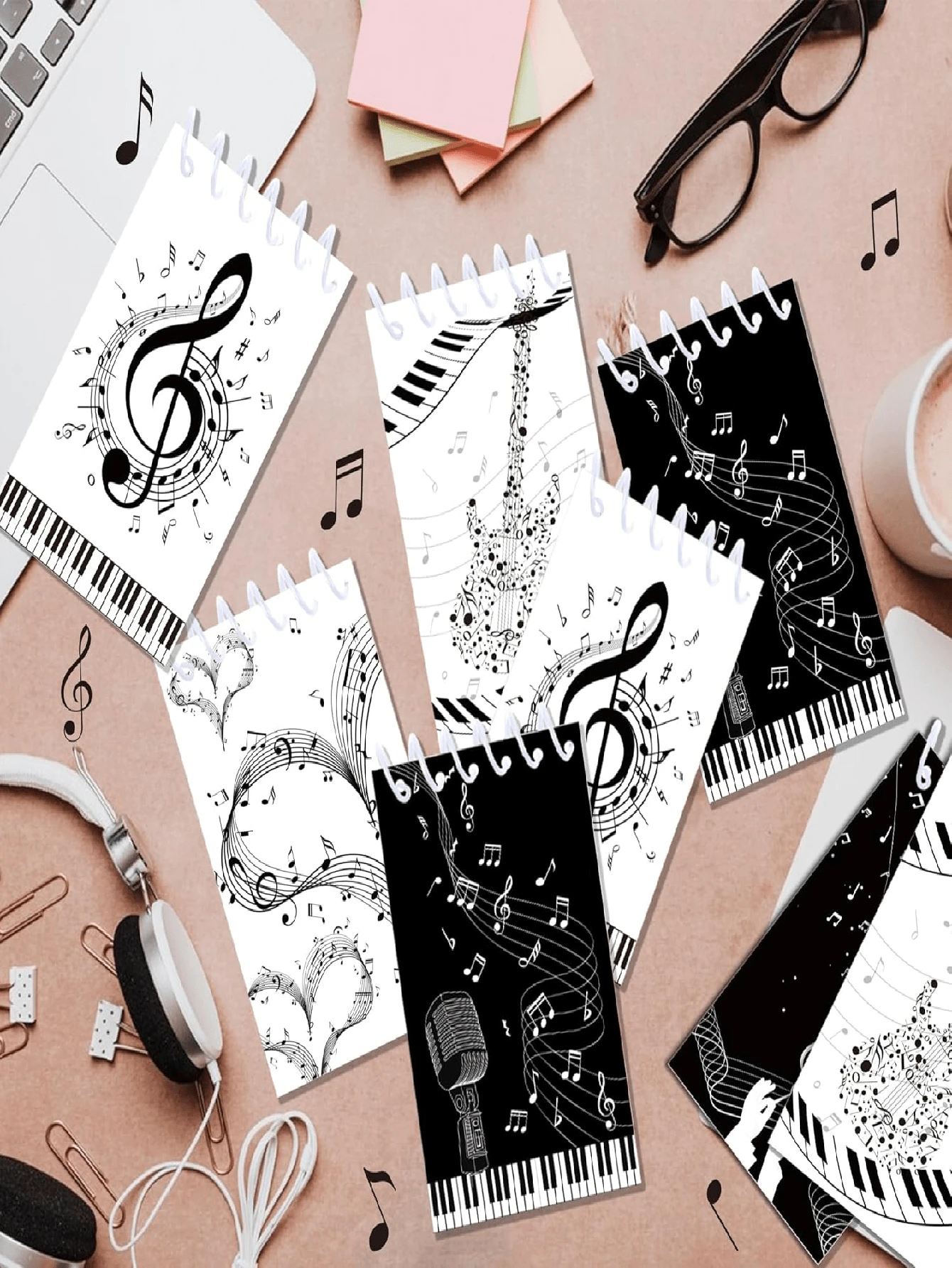 8本音乐主题迷你笔记本 - 螺旋装订，包含音符、吉他、钢琴和萨克斯图案，适合生日派对用品和创意写作，生日笔记本 | 艺术封面 | 迷你日记本