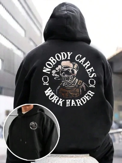 Áo hoodie cỡ lớn màu đen in chữ và đầu lâu, dáng rộng, thích hợp làm quà tặng dịp lễ.