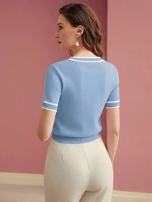 Amore Women's Summer Contrast Striped Round Neck Short Sleeve Cropped Textured Knit Light Blue Top, Fitted Silhouette Short Sleeve, High Waist Cut, Ruched Waist And Hem, Suitable For Work Commute, Daily Outing, Date, Hangout With Friends, Summer Leisure, Office Wear, Women's Casual Blouse - Multicolor - View 6