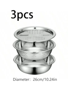 三件套不锈钢厨房备餐套装：集成式刨丝器、多功能滤网和带沥水系统的碗，用于清洗、切片水果、蔬菜和奶酪。