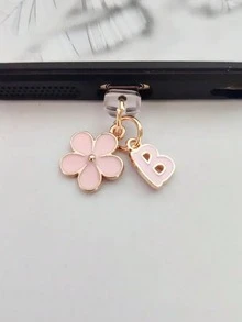 二合一粉色樱花+26字母智能手机充电口防尘塞，精致少女清新甜美可爱时尚合金吊坠，智能手机平板电脑耳机Kindle充电口装饰配件，硅胶透明防尘塞，适合作为小礼物，防水防潮充电口礼物，送给妈妈、家人、朋友，生日、节日手机配件手机挂饰 - 粉色 - 查看 9