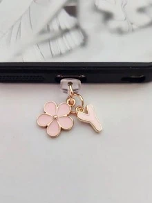 二合一粉色樱花+26字母智能手机充电口防尘塞，精致少女清新甜美可爱时尚合金吊坠，智能手机平板电脑耳机Kindle充电口装饰配件，硅胶透明防尘塞，适合作为小礼物，防水防潮充电口礼物，送给妈妈、家人、朋友，生日、节日手机配件手机挂饰 - 粉色 - 查看 27