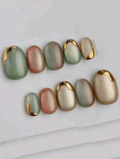 10 miếng dán móng tay hình oval màu xanh lá cây và đỏ họa tiết mắt mèo với viền vàng, thích hợp sử dụng hàng ngày và trong các dịp lễ, có thể tái sử dụng, hoàn hảo cho phụ nữ và các cô gái, miếng dán móng tay dễ thương. Móng giả dán.