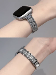Metal Rhinestone Watch Band, Compatible With Apple Watch Series 1/2/3/4/5/6/7/8/9/10/SE/Ultra, Fits 38mm 40mm 41mm 42mm 44mm 45mm 49mm, Elegant & Fashionable, Design, Comes With Adjustment Tool - Silver - View 2