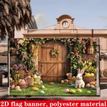 1 pezzo Sfondo banner 2D piatto di primavera con coniglio e uova di Pasqua, decorazione polivalente per feste di primavera, telo fotografico in poliestere con uova colorate e recinzione, adatto per feste di Pasqua e celebrazioni, decorazione multifunzionale per casa, giardino, studio e feste di compleanno all'aperto, decorazione per casa e stanza - Multicolore - Visualizzare 6
