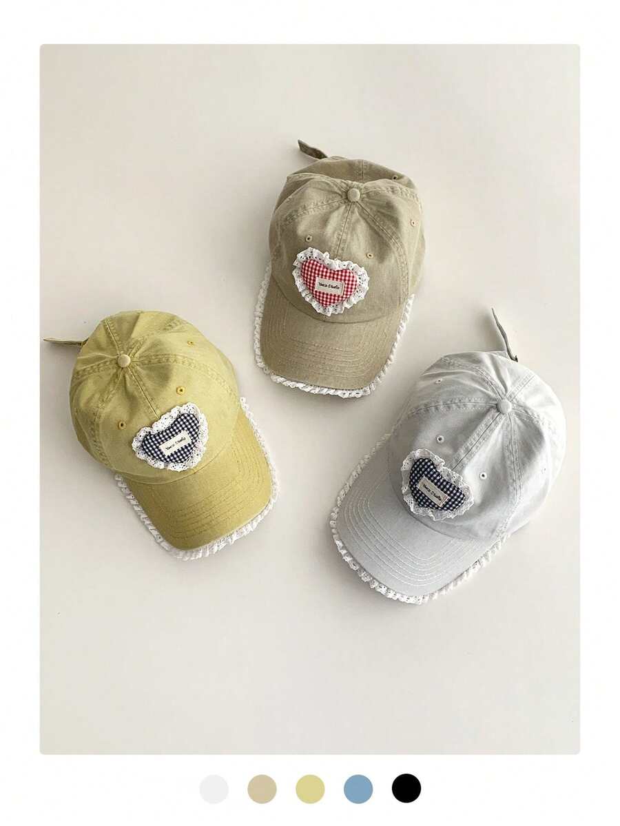 1pc Soft Top Plaid Heart Embroidered Lace Brim Baseball Cap, Vintage Sweet Wide Brim Snapback Hat, Petite Head Size, Handmade Original Heart Plaid Embroidery Baseball Cap For Women