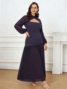 Plus Size Women Elegant Long Sleeve Dress, Suitable For Dates And Formal Occasions - Purple - View 5