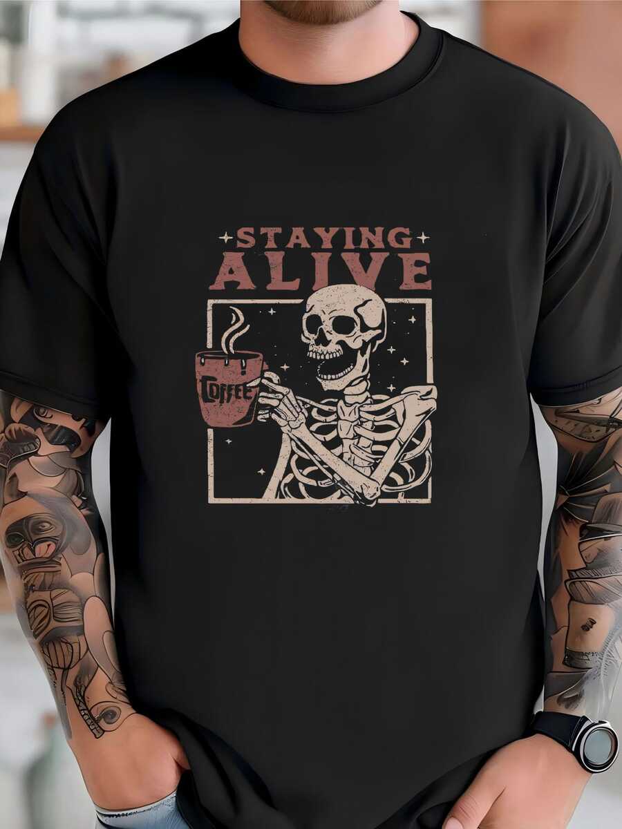 Mens Staying Alive Shirt, Halloween Skeleton Coffee Shirt, Funny Skeleton Tshirt, Coffee Lovers Gift, Skull Vintage Tshirt For Women, Adult Tee T-Shirt - 黑色 - 查看 1