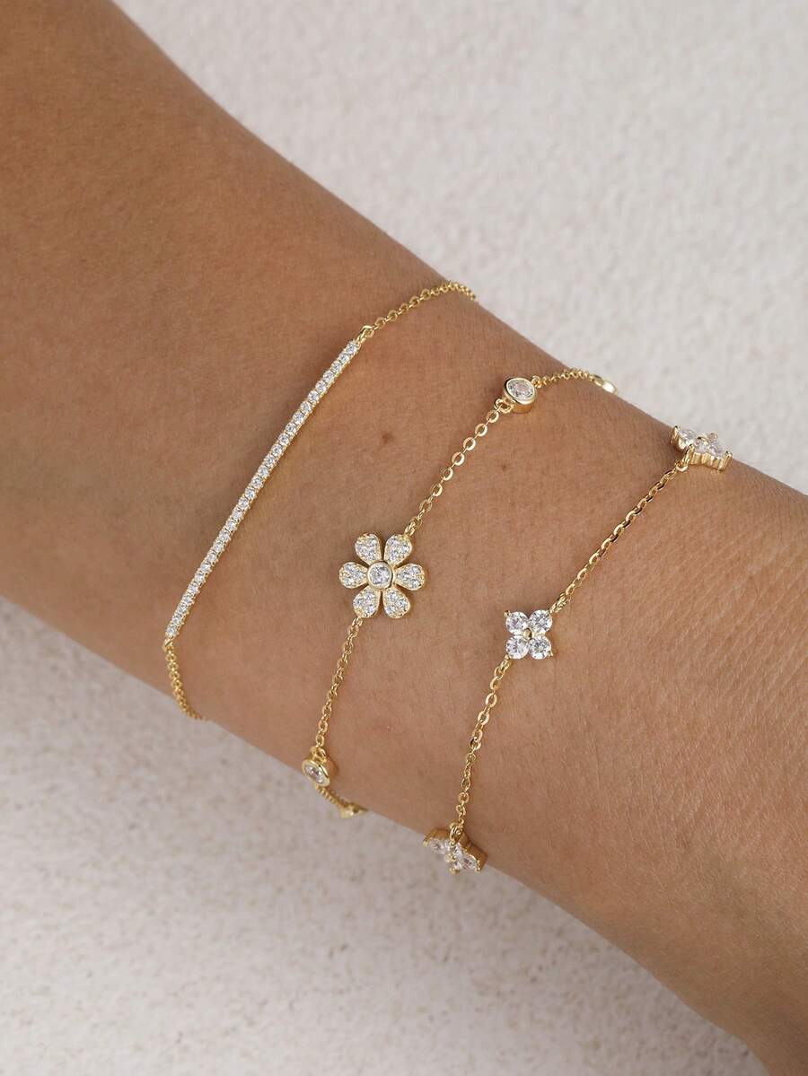 1件简约S925纯银立方氧化锆花朵手链，适合日常佩戴、派对、节日及作为礼物。 - 金色 - 查看 1