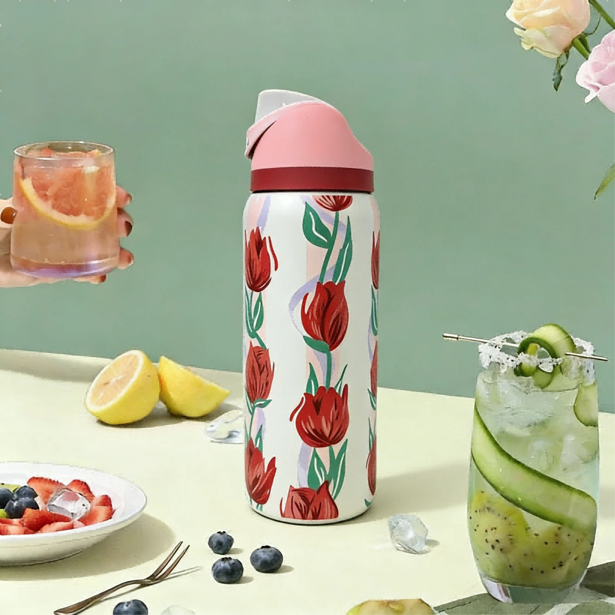 32 Oz Water Bottle Cup Boneyard Vacuum Water Bottle Drinkware Tumbler Stainless Steel Thermal Mug Original Cold Hot Cup OwalaFreeSip - Hoa tulip, màu trắng nhạt - Xem 1