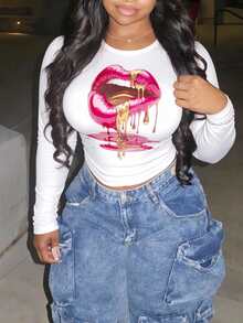 女士白色嘴唇印花长袖修身上衣，性感图案T恤，适合约会和外出穿着 - 白色 - 查看 4
