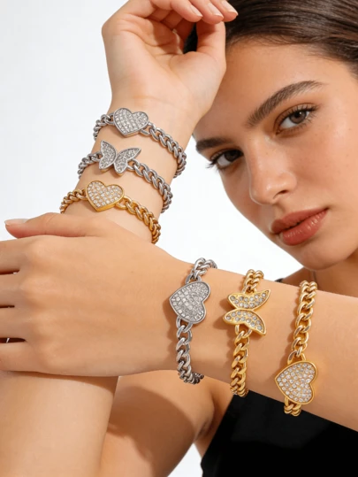 1pc Multi-Color 18K Gold Stainless Steel Butterfly & Heart Cubic Zirconia Rhinestone Chain Bracelet, Titanium Steel Jewelry Suitable For Couples, Friends, Daily Wear