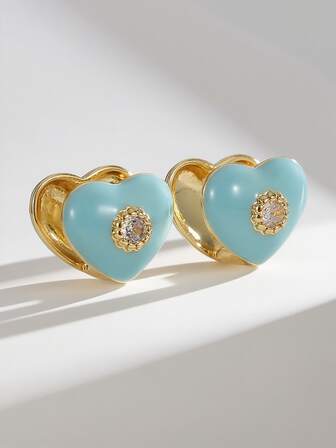 Charm-In Women's Gold-Plated Enamel Crafted Heart-Shaped Cubic Zirconia Stud Earrings, Fashionable Accessory For Daily, Date, Party, Great Gift For Girlfriend, Best Friend