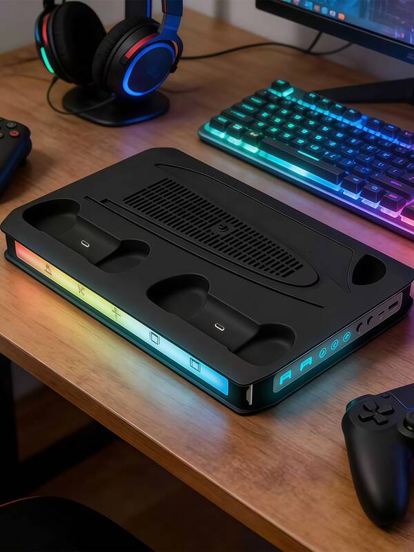 P5/P5 Digital/P5 Pro/Slim Game Console Cooling Station - Dual Controller Fast Charging Dock, With 3-Speed Turbo Fan, 9-Mode RGB LED Lights, Game Disc Storage, Headphone Holder, DIY Customizable Design, Safety Screw Fixation, Vertical Stand And Game Device Organizer. An Ideal Electronic Accessory For Game Consoles, Also A Great Toy And Christmas Gift For Gamers And Men.