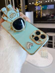 Nuevo estuche de teléfono con forma de corazón con astronauta enchapado, nuevo estuche de teléfono antideslizante con tecnología de enchapado + soporte oculto enchapado + juego de estuche de teléfono completo, compatible con iPhone 11/12/13/14/16 Pro Max, S22/23/24+ UA04/A05/A14/A15/A24/A25/A34/A54S, OPPO, VIVO, compatible con Redmi 13C/Note 14 Pro Plus - Verde - Ver 6