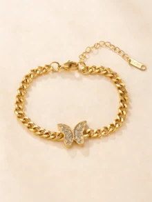 1pc Multi-Color 18K Gold Stainless Steel Butterfly & Heart Cubic Zirconia Rhinestone Chain Bracelet, Titanium Steel Jewelry Suitable For Couples, Friends, Daily Wear - Multicolor - View 10