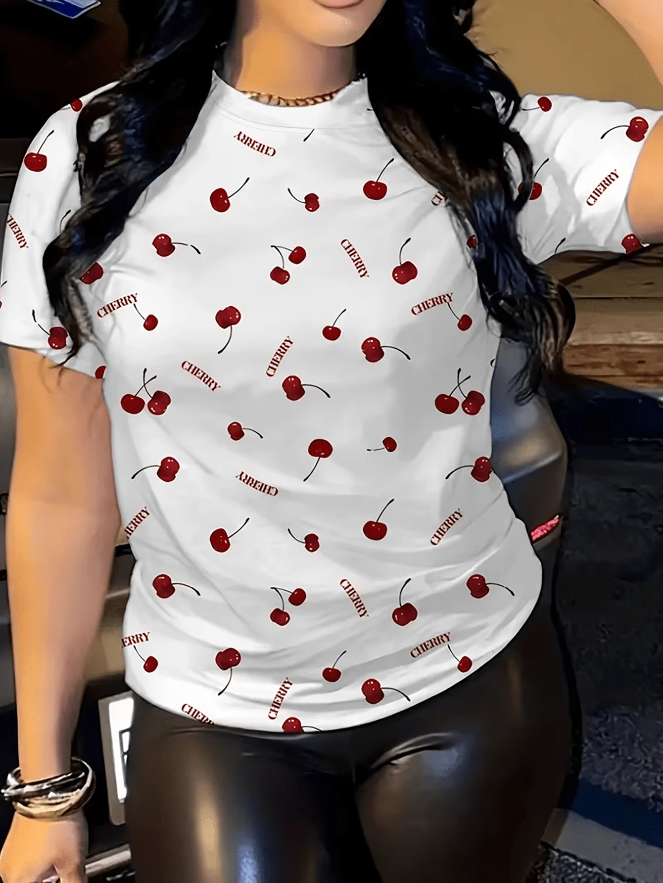 Women's Casual Cherry Print Round Neck Short Sleeve T-Shirt White - White - View 1