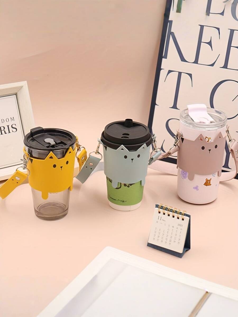 1 szt. Uroczy kociak ze sztucznej skóry, pokrowiec na kubek do herbaty i mleka, podróżny, antypoślizgowy i termoizolacyjny, odpowiedni do biura, domu lub użytku na zewnątrz