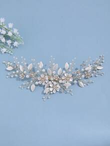 1pc Elegant Metal Flower Leaf Rhinestone & Faux Pearl Beaded Hair Clip, Suitable For Bride Wedding, Daily Photo Shooting, Festival Party And Occasions