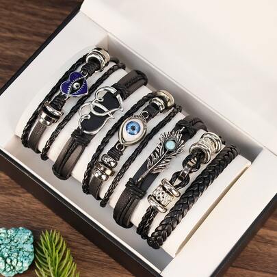 5pcs Classic Black Devil's Eye Love Cutout Feather Vintage Fashion Multi-Layer Layered Wear Unisex Bracelet Set Perfect Valentine's Day Birthday Gift For Party Music Festival Prom Daily Wear
