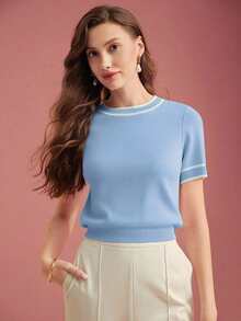 Amore Women's Summer Contrast Striped Round Neck Short Sleeve Cropped Textured Knit Light Blue Top, Fitted Silhouette Short Sleeve, High Waist Cut, Ruched Waist And Hem, Suitable For Work Commute, Daily Outing, Date, Hangout With Friends, Summer Leisure, Office Wear, Women's Casual Blouse - Multicolor - View 3