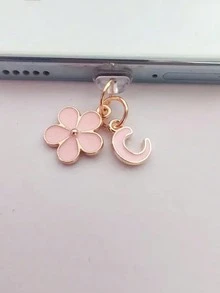 二合一粉色樱花+26字母智能手机充电口防尘塞，精致少女清新甜美可爱时尚合金吊坠，智能手机平板电脑耳机Kindle充电口装饰配件，硅胶透明防尘塞，适合作为小礼物，防水防潮充电口礼物，送给妈妈、家人、朋友，生日、节日手机配件手机挂饰 - 粉色 - 查看 24