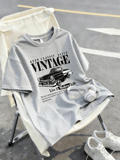 Boys' Car Print Short Sleeve T-Shirt, Fashionable And Popular Children's Clothing. Suitable For School, Vacation And Shopping Outings. Casual And Versatile Spring/Summer Style.