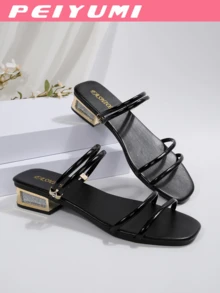 PEIYUMI Women's New Fashion Low Heel Sandals, Solid Color With 4 Parallel Thin Straps, Elegant And Stylish, Suitable For Outdoor Wear, Spring/Summer - Black - View 5