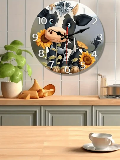 1pc Charming 10-12Inch Wooden Wall Clock With Sunflower & Cow Design - Ideal For Kitchen, Office, Coffee Shop | Classic Home Art Decor, Battery Operated (AA Not Included)