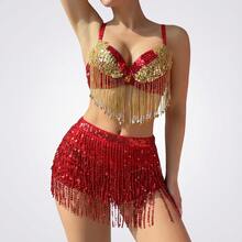 两件套亮片服装套装和流苏裙，性感闪亮肚皮舞表演服，配有可调节腰带，适合夜总会派对、嘉年华舞台表演，复古波西米亚风格 - 紅色 - 查看 8