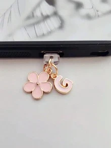 二合一粉色樱花+26字母智能手机充电口防尘塞，精致少女清新甜美可爱时尚合金吊坠，智能手机平板电脑耳机Kindle充电口装饰配件，硅胶透明防尘塞，适合作为小礼物，防水防潮充电口礼物，送给妈妈、家人、朋友，生日、节日手机配件手机挂饰 - 粉色 - 查看 26