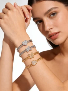 1pc Multi-Color 18K Gold Stainless Steel Butterfly & Heart Cubic Zirconia Rhinestone Chain Bracelet, Titanium Steel Jewelry Suitable For Couples, Friends, Daily Wear - Multicolor - View 6