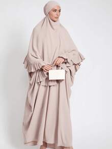 2 piezas Hiyab musulmán + Abaya con dobladillo plisado, diseño clásico y versátil para uso diario, oración, todas las estaciones - Multicolor - Ver 19