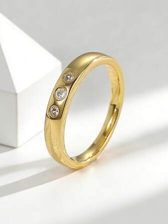 Charm-In Women's Gold-Plated Three-Stone Round Cubic Zirconia Band Ring | Minimalist Sparkly Jewelry For Daily Wear/Anniversaries, Ideal Gift For Valentine's Day/Partners