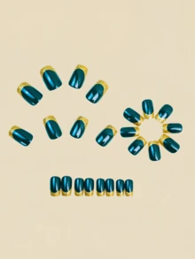24pcs French Green Nails With Gold Glitter, Press-On Nails, Y2K Nails, Nail Art - Green - View 4