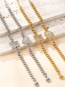 1pc Multi-Color 18K Gold Stainless Steel Butterfly & Heart Cubic Zirconia Rhinestone Chain Bracelet, Titanium Steel Jewelry Suitable For Couples, Friends, Daily Wear - Multicolor - View 8