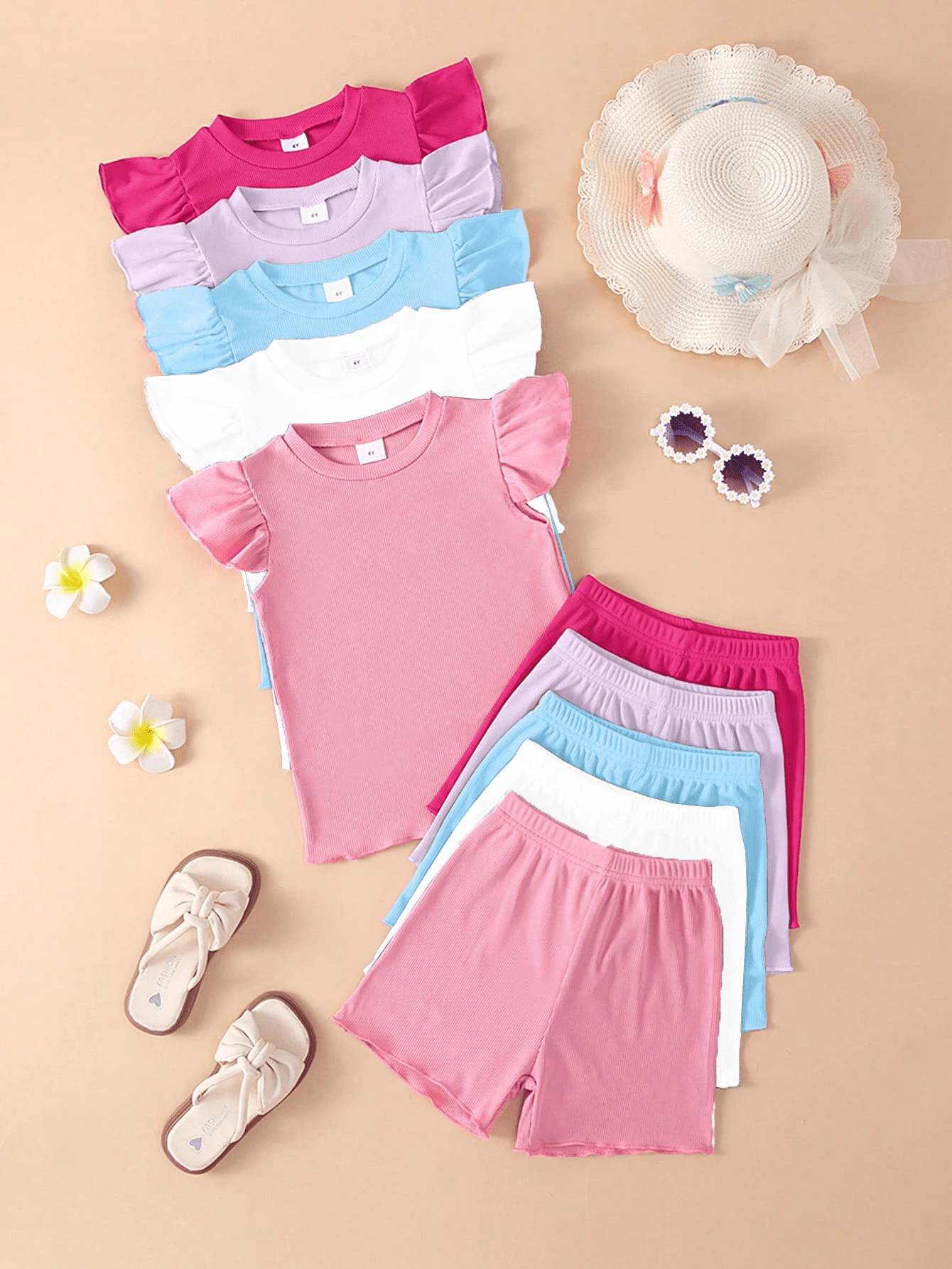 10pcs/Set Girls' Casual Solid Color Knit Fabric Top And Matching Solid Color Shorts Set, Spring/Summer - Multicolor - View 1