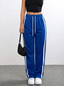 Women's Casual Polyester Jogger Pants With Colorblock Striped Pattern Long Length And Pockets - 藍白色 - 查看 2