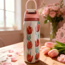 32 Oz Water Bottle Cup Boneyard Vacuum Water Bottle Drinkware Tumbler Stainless Steel Thermal Mug Original Cold Hot Cup OwalaFreeSip - Hoa tulip, màu trắng nhạt - Xem 3