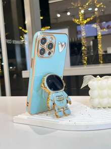 Nuevo estuche de teléfono con forma de corazón con astronauta enchapado, nuevo estuche de teléfono antideslizante con tecnología de enchapado + soporte oculto enchapado + juego de estuche de teléfono completo, compatible con iPhone 11/12/13/14/16 Pro Max, S22/23/24+ UA04/A05/A14/A15/A24/A25/A34/A54S, OPPO, VIVO, compatible con Redmi 13C/Note 14 Pro Plus - Verde - Ver 3