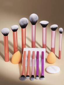 15pcs Multi-Functional Makeup Brush Set Including Powder Brush, Blush Brush, Foundation Brush, Eyeshadow Brush, Blending Brush, Contour Brush, Along With An Oblique Cut Makeup Sponge, Rounded Makeup Sponge, And White Powder Puff,Summer Style, Back To School Gift - Multicolor - View 2