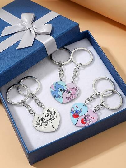 2pcs/Set Cartoon Cute Lilo & Stitch Stainless Steel Keychains, Kawaii Heart-Shaped Couple Keychains, Suitable For Everyday Wear Or As Gifts, Valentine's Day Gifts