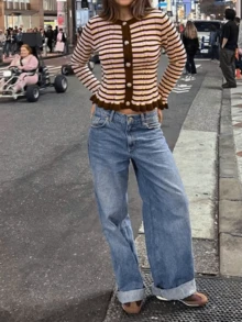 SEREN Women's New Round Neck Button Striped Knit Cardigan, Pink Romantic Valentine's Day Top - Baby Pink - View 6