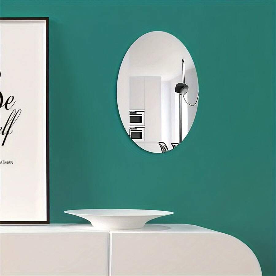 7.9*11.8 Inch Oval Acrylic Mirror Wall Sticker - Self-Adhesive No Drilling, High Definition, Suitable For Bathroom, Makeup, Vanity - Lightweight Frameless Design, Polished Surface, Perfect For Minimalist Home Decor, Easy Installation | Themed Mirror | Lightweight Mirror, Bathroom Decor - Silver - View 1