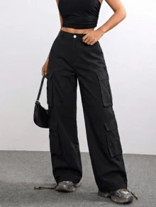 Christmas Gift High Waisted Cargo Pants For Women Baggy Y2k Straight Wide Leg Pants With Pockets Streetwear Party New Year Warm Thermal - 黑色 - 查看 2
