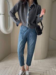 Korean Style Premium Lazy Denim Patchwork Front Button Long Sleeve Knit Cardigan - Dark Grey - View 5