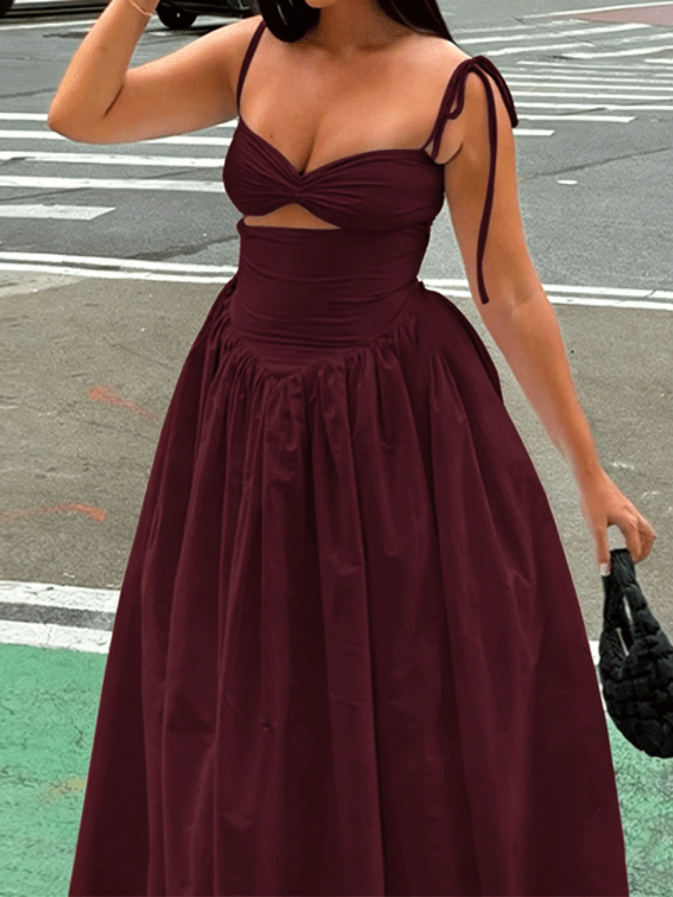 Onicee 夏季连衣裙，酒红色，时尚性感纯色镂空腰带蓬松优雅连衣裙，适合女性，可用于情人节、约会、聚会、派对、旅行、度假、海滩等场合。